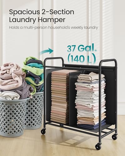 SONGMICS 2-Section Laundry Sorter, Laundry Hamper with Wheels, Rolling Clothes Hamper Cart with Large Capacity and Removable Bags, for Laundry Room, Bedroom, Bathroom, Ink Black URLS210B01 - color: Ink Black, size: 140 L