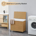 Handwoven Hamper with Lid, Laundry Basket with Wheels, Machine Washable Liner, 3 Section Clothes Hamper for Bathroom Laundry Room Bedroom, Rattan, 165L - color: Rattan/With Lid/165L