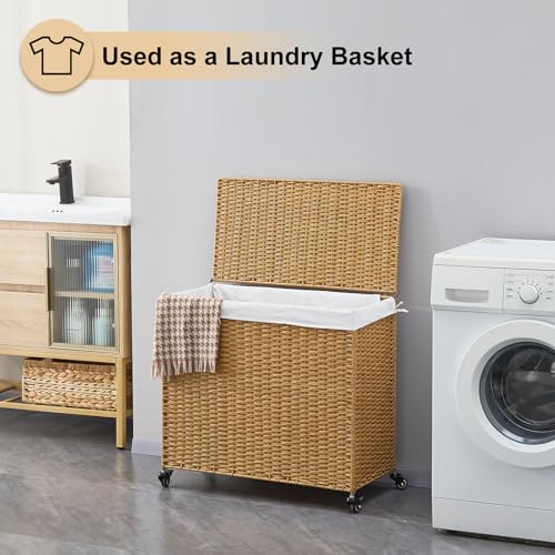 Handwoven Hamper with Lid, Laundry Basket with Wheels, Machine Washable Liner, 3 Section Clothes Hamper for Bathroom Laundry Room Bedroom, Rattan, 165L - color: Rattan/With Lid/165L
