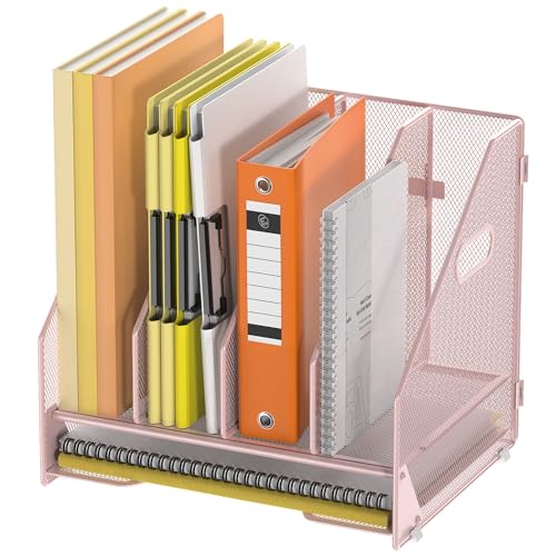 Docnest Desk File Holder Sorter, 4 Vertical Compartments Rack with Letter Tray, Mesh Magazine File Holder with Handle,Workspace Organizers,Desk Organizers for Paper, Mail, Documents-Pink - color: Pink-4 Compartments