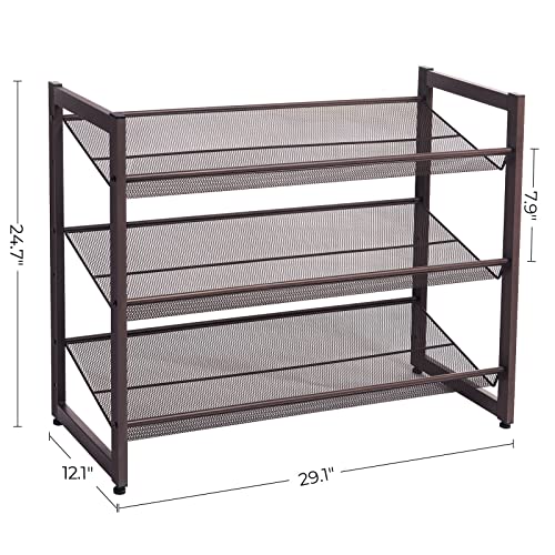 SONGMICS Shoe Rack, 3-Tier Shoe Organizer, Metal Shoe Storage for Garage, Stackable Shoe Shelf, with Adjustable Flat or Angled Shelves, 9-12 Pairs, Bronze ULMR03A - color: Bronze, size: 3 Tiers (29.1''W)