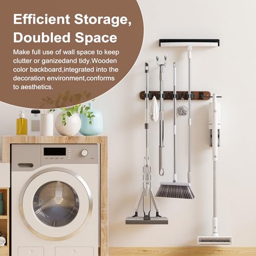 Broom Holder Wall Mount With Vacuum Cleaner Holder,Wood Broom Hangers For Wall，Broom And Mop Organizer Wall Hanging For Laundry Room ，Broom Organizer Wall Mount For Home Garage Kitchen (Black)