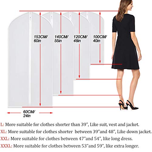 Garment Bags for Hanging Clothes 24''X48'' Suit Bags for Closet Storage (Pack of 6) Plastic Waterproof Suit Cover Bags with Zipper for Coats, Jackets, Shirts - color: White-Translucent, size: 24''X48''-6P