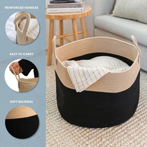 OrganiHaus Large Woven Storage Basket for Blankets and Toys 20" x 13" Inch, Rope Laundry Basket with Handles, Cushions & Pillows Storage Bin, Nursery Hamper, Soft Round Dog Toy Bin - Black/Honey - color: Black / Honey, size: Wide