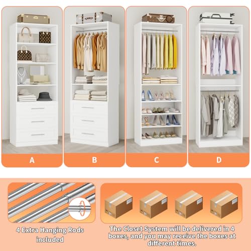 Closet System with 4 Sets, 8–21 FT Closet System with 6 Drawers, 9 Shelves & 8 Hanging Rods, Max 252″ Closet Organizer System for Walk in Closets, Modular Custom Wood Closet Kit, White