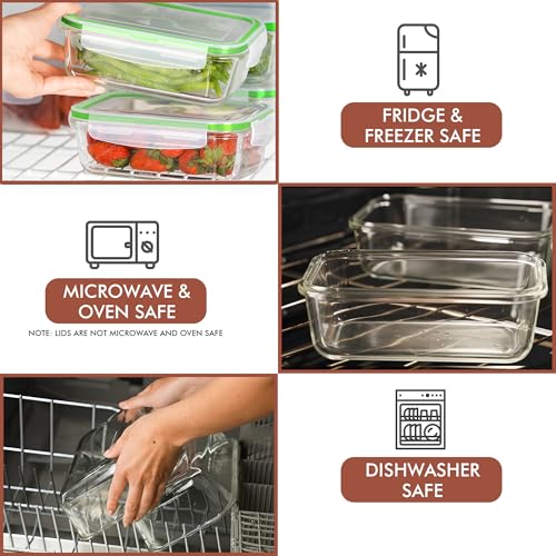 Razab 16 Pc (Set of 8) 30 Oz Glass Meal Prep Containers with Lids, Airtight Large Glass Food Storage Containers, Reusable Leak Proof BPA Free, Freezer to Oven and Dishwasher Safe - color: Green