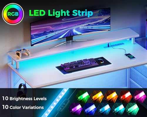 AODK 52 Inch Gaming Desk with USB Charging Ports & LED Light- Reversible Computer Desk with Storage Shelves & Monitor Stand, Modern Gamer Desk Table with Fabric Drawers, White - color: White, size: 52 inches