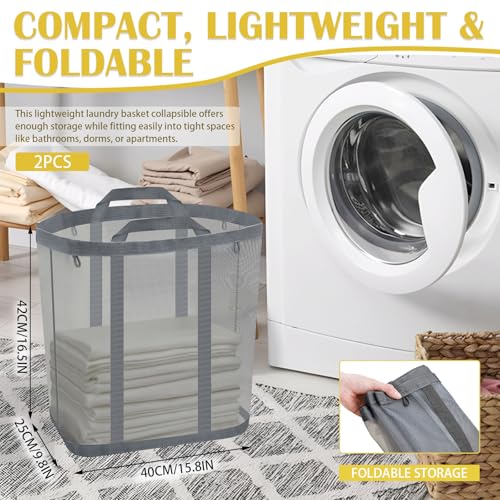 Mesh Laundry Basket, Hanging Laundry Hamper for Wall Door with Handles, Breathable Foldable Beach Bag Space-saving Travel Tote (2Pack, Grey) - color: Grey