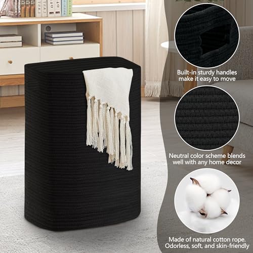 MEGASKET Large Laundry Hamper 16"x13"x22" - Tall Woven Laundry Basket, Cotton Rope Dirty Clothes Hamper, Baby Kids Nursery Wicker Laundry Basket, Bedroom Aesthetic, Soft Laundry Bin, Black Hamper, 75L - color: Black