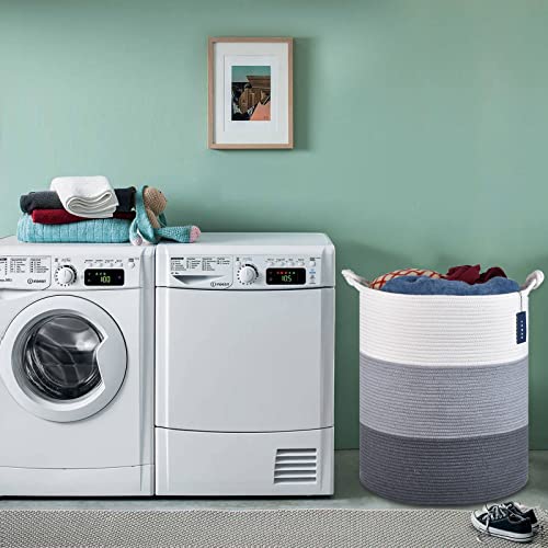 COMSE Laundry Hamper, Extra Large 15.7"x 21.7", Cotton Rope Basket, Portable, White & Light Gray & Dark Gray - color: White & Light Gray & Dark Gray