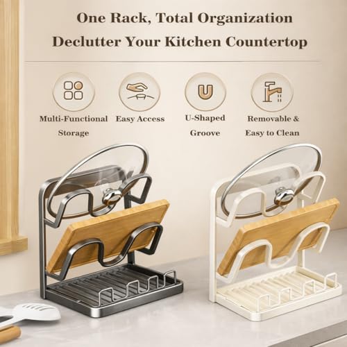 NUOREEL Kitchen Pot Lid Organizer, Extra-Wide Kitchen Pot Lid Storage Rack for Bigger Lids, Heavy-Duty Carbon Steel Frame with Reinforced ABS Base, Fits 30–32cm Lid (Gray) - color: Gray