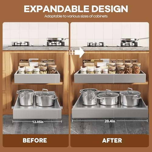 Seinloes 4Pack Expandable Pull Out Cabinet Organizer 21" Deep with Raising Pad for Framed Cabinets,Slide Out Drawers with 4pcs Divider Racks,Roll Out Shelves,Adjustable Width 12.05"-20.4" Silver - color: Silver, size: 21"D x 12.05"-20.4"W(4Pack)
