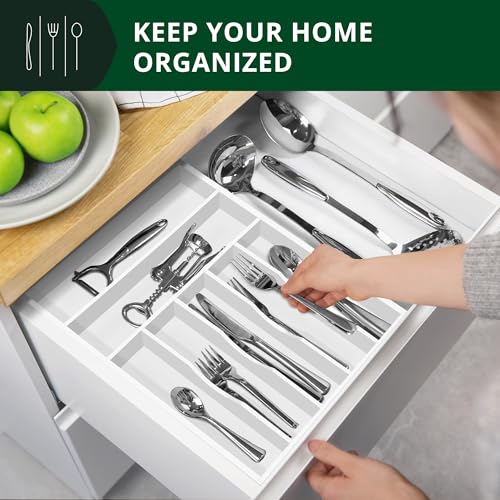ROYAL CRAFT WOOD Luxury Bamboo Kitchen Drawer Organizer - Silverware Organizer - Utensil Holder and Cutlery Tray with Grooved Drawer Dividers for Flatware and Kitchen Utensils (7 Slot, White) - color: White, size: 7 Slot