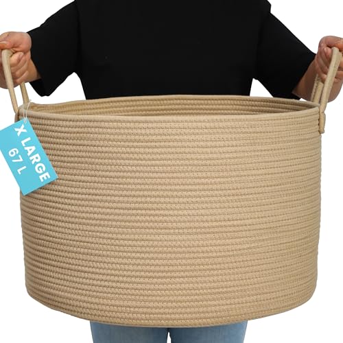OrganiHaus Large Woven Storage Basket for Blankets and Toys 20" x 13" Inch, Rope Laundry Basket with Handles, Cushions & Pillows Storage Bin, Nursery Hamper, Soft Round Dog Toy Bin - Honey - color: Full Honey, size: Wide