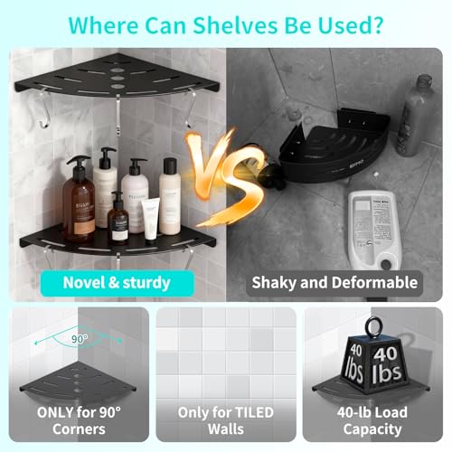 Shower Corner Shelf 304 Stainless Steel Shower Caddy 2 Tier Shower Organizer Niche with Extra 6 Hangers Shelves 40 lbs Large Capacity Shower Shelf for Inside Anti-Rust Drilling Installation(Black) - color: Black Thickness 2mm 2pcs
