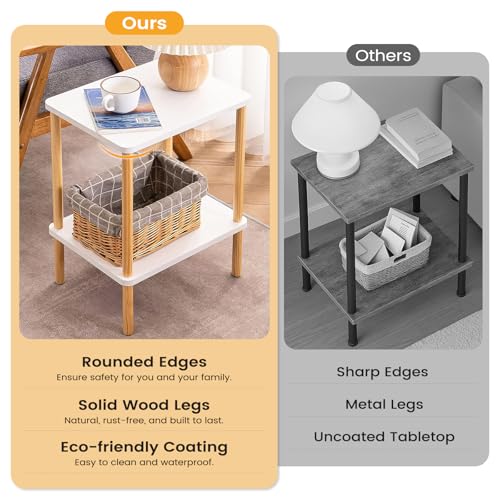 Apicizon 2 Tier End Table Set of 2, Small Side Table with Solid Wood Legs, Boho Bedside Table with Storage Shelf, Nightstand for Small Spaces, Bedroom, Living Room, Entryway, White+Natural - color: White+natural, size: 2 Set, style: 2 Tier