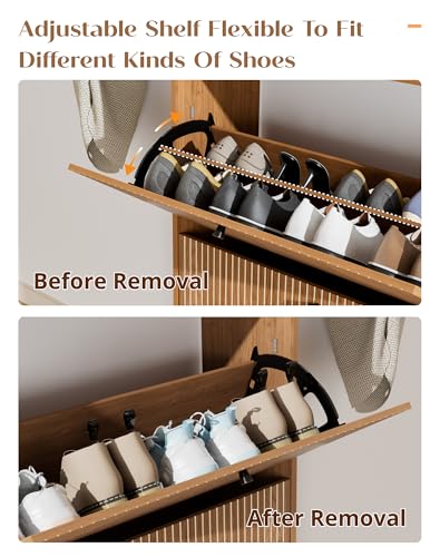 Fluted Shoe Cabinet with 2 Flip Drawers, Narrow Shoe Rack with Open Storage & Hooks, Freestanding Hidden Organizer Shoe Storage for Entryway, Hallway, Walnut