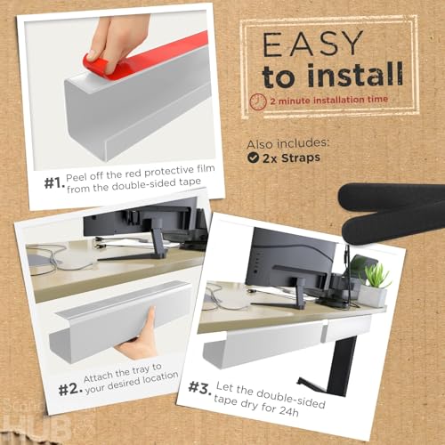 No-Screw Under Desk Cable Management Tray - Self-Adhesive Installation, Cord Management, Cable Tray, Under Desk Wire Organizer - White Set of 2 - color: White, size: 2pcs Self Adhesive