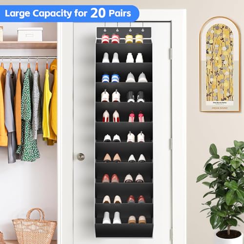 REGELETO 10 Tiers Large Size Over the Door Shoe Organizer Storage, Hanging Shoe Rack for Door with Deep Pockets, Fit 20 Pairs Shoe Organizer Holder for Sneakers and Boots (Black) - color: Black-10 cell