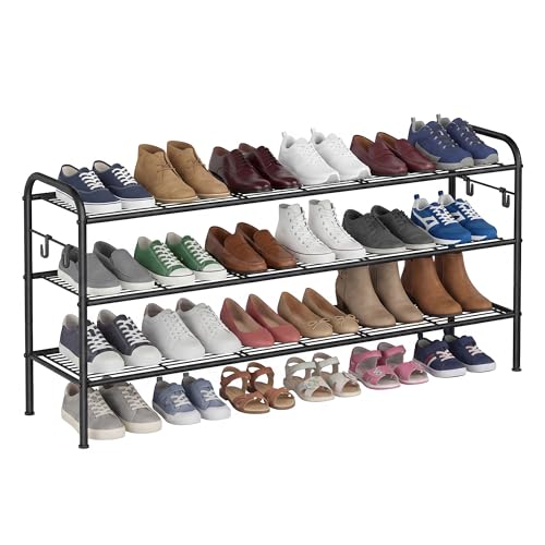 SONGMICS Shoe Rack, 3-Tier Shoe Organizer, Metal Shoe Shelf Storage with 4 Side Hooks, Holds 24 Pairs of Shoes, Height-Adjustable Shoe Rack for Entryway, Hallway, Closet, Ink Black ULMR131B01 - color: Ink Black, size: 3 Tiers (44.9"W)