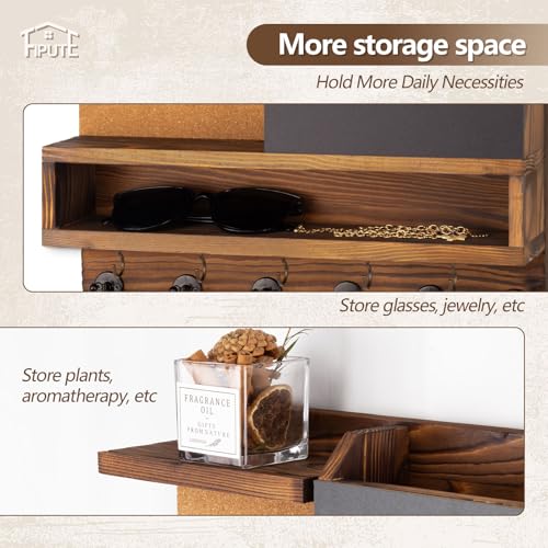 Key Holder for Wall Mount with Mail Organizer, Farmhouse Key Holder for Wall with Shelf, Chalkboard&Corkboard, Entryway Organizer 11 Metal Hooks, Decorative Natural Pine Wood, 14.6*11.1*3.3”, A-Brown - color: Brown-A