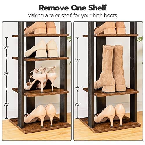 HOOBRO 8 Tiers Vertical Shoe Rack, Wooden Shoe Storage Organizer with Hooks, Narrow Shoe Tower for 8 Pairs, Space Saving, for Entryway, Living Room, Bedroom, Rustic Brown BF07XJ01G1 - color: Rustic Brown, size: 8 Tier (11"W)