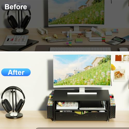 Spacrea Desk Organizer and Accessories, Computer Monitor Stand Riser with Drawer and 2 Pen Holders, Office Desk Accessories & Workspace Organizers for Office Supplies (Black) - color: Black