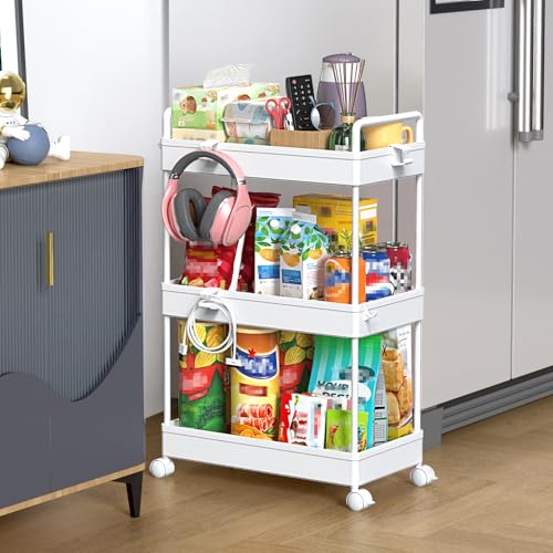 SOLEJAZZ 3 Tier Rolling Storage Cart with Wheels Slim Craft Nail Makeup Snack Art Baby Utility Cart Organizer on 2 Lockable Wheels for Bathroom Laundry Room Kitchen Bedside Narrow Spaces, White - color: White, size: 3-Tier, 8.66"D