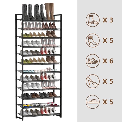 Shoe Rack, 12-Tier Metal Shoe Organizer, Tall Shoe Rack for Closet,entryway,Garage, with Adjustable Flat or Angled Shelves, 52-60 Pairs,Shoes that can accommodate The Whole Family. - color: Black, size: 12Tier