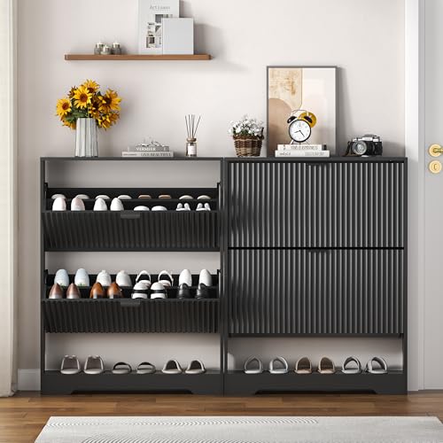 HUANLEGO Shoe Cabinet Storage for Entryway with 2 Flip Drawers, Black Fluted Shoe Cabinet with Open Storage, Wooden Hidden Shoe Rack Freestanding Narrow Slim Shoes Organizer for Hallway, Entrance - color: Black, size: 2 Drawer
