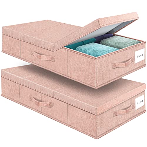 Supowin Underbed Storage Containers Bin with Lids, Large Under Bed Storage Organizer Box with Handle, Foldable Under the Storage Bags for Organizing Clothes, Shoes, Blankets, Pillows - color: D-Pink