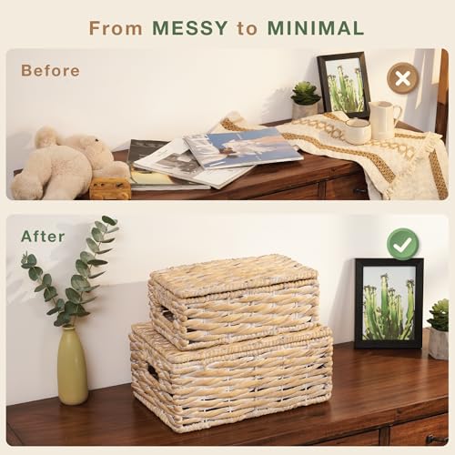 Set of 2 White Wicker Baskets with Lid - color: White