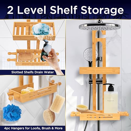 SereneLife Bamboo Hanging Shower Caddy with 2 Tiers, Anti-Slip Design for Bathroom Essentials, Self-Draining Shelves for Easy Organization