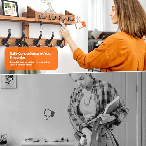 Evermagin 29" Coat Rack Wall Mount with Shelf, 4 in 1 Wall Mounted Coat and Key Hanger with 11 Hooks, Entryway Key Holder with Mail Holder for Living Room, Bedroom - color: Brown, size: 29 inch