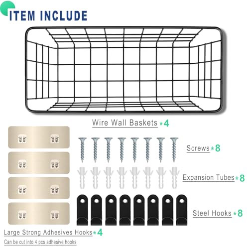 4 Pack Hanging Wall Basket Wire Storage Baskets, Adhesive Basket for Cabinet Door Organizer(2 Wall Mounting Options), Hanging Fruit Baskets for Kitchen, Pantry Organization, Bathroom, Black - style: 2 Installations, 4pack