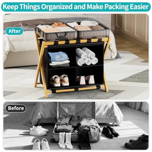 Natural Bamboo Luggage Rack with 4 Storage Compartments ，Foldable Suitcase Stand, Luggage Rack for Guest Room , 150lbs Capacity, Sturdy, - color: Natural 1 Pcs