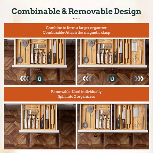 Silverware Organizer Large, Magnetic Connected Expandable 11 Slots Silverware Drawer Organizer From 21 to 37.4 Inches, Adjustable Flatware and Cutlery Holder, Bamboo Utensil Tray for Kitchen Natural - color: Natural, size: 11 Slots