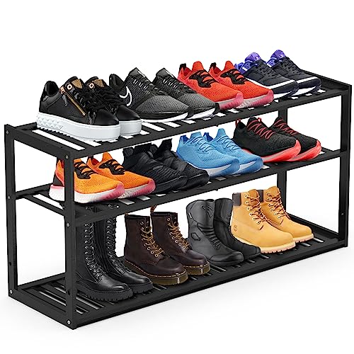 Jripae Bamboo Shoe Rack for Closet, 3 Tier 32.5inch Longer Shoe Organizer Shelf Holder Storage 12-15 Pairs Stackable for Entryway Door Hallway Bedroom Garage Space Saving Foldable Black - size: 3-tier-long/32.5*10.5*17in
