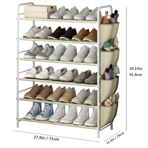 SUOERNUO Shoe Rack Storage Organizer 6 Tier Free Standing Metal Shoe Shelf Shoe Organizer with Side 8 Shoes Pockets for Entryway Closet Bedroom,Beige - color: Beige, size: 6 Tier
