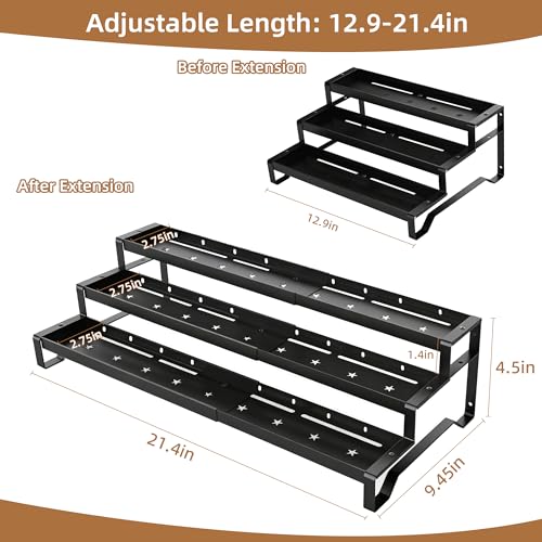 SANKEU Expandable Spice Rack Organizer for Cabinet 3 Tiered Metal Seasoning Organization with Guardrails Spice Shelf Storage for Jars Adjustable Length 13"-21" Black 1Pack - color: Black, size: 1 Pack