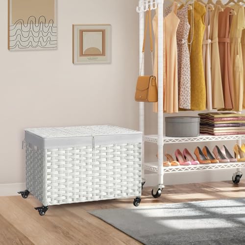 Rolling Storage Basket with Lid, 47.6 Gallon (180L) Storage Bin with Wheels, Woven Rattan Blanket Storage Basket with Handles, Foldable, Metal Frame, Removable Liner for Bedroom, Laundry Room, White - color: White