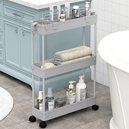 SPACELEAD Slim Storage Cart 3 Tier,Bathroom Organizer Rolling Utility,Mobile Shelving Unit Slide Out for Office, Kitchen, Laundry Room & Narrow Places,Gray - color: Grey