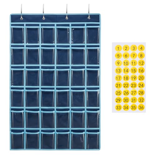 SAVERHO 36 Clear Pockets Classroom Pocket Chart for Cell Phone and Calculator Holder, Door Hanging Pocket Chart for Classroom Phone Holder with Number Sticker and Hooks (Blue) - color: Blue-1pack of 36pockets