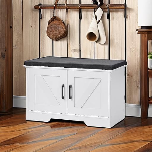 HOMSHO 2-Tier Storage Bench, 27.6" Wide Shoe Bench with Padded Seat Cushion, Entryway Bench with 2 Barn Doors and Adjustable Shelf, White - color: White, size: 27.6" Wide