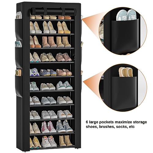 OYREL Large Shoe Rack, Black, 6 Side Pockets, 23.6" Wide x 11.4" Deep x 68.9" Tall, 36-41 Pairs of Shoes - color: Black