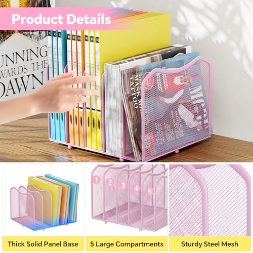 Simple Trending Mesh Desktop File Sorter Organizer, 5-Section Bookshelf for Desk Home Office, Pink - style: 5 Section Pink