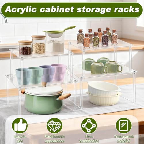 Clear Cabinet Organizer, 4 Pack Acrylic Cabinet Organizer and 1PC Acrylic Display Box, Stackable Spice Rack Organizer Shelf for Kitchen Dishes, Spices, Soda Cans and Bottles