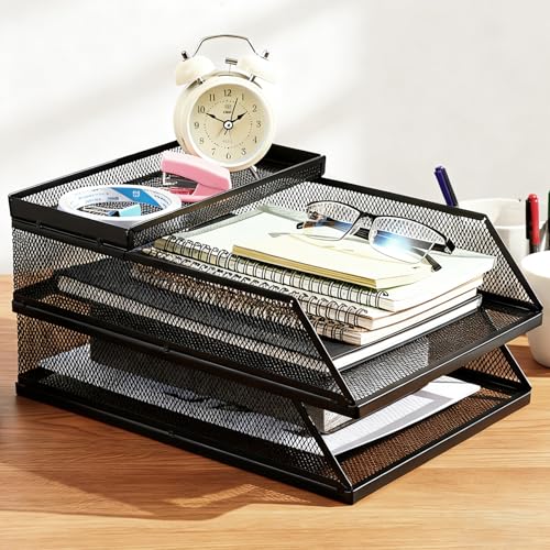 2-Tier Stackable Paper Tray Organizer with Top Tray, Metal Mesh Desktop File Holder & Document Sorter for Office, Home, Learning Places (Black)