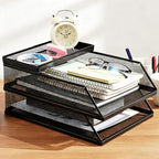 2-Tier Stackable Paper Tray Organizer with Top Tray, Metal Mesh Desktop File Holder & Document Sorter for Office, Home, Learning Places (Black)