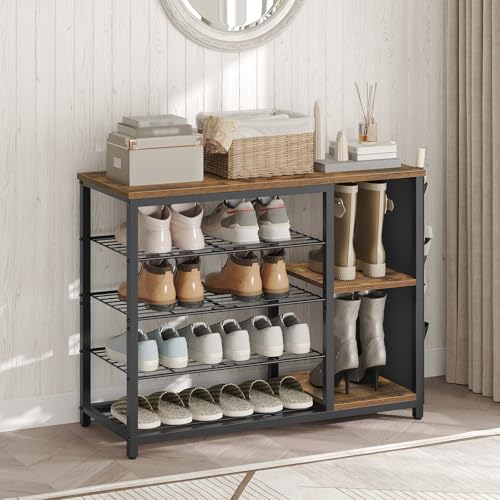 YATINEY Industrial 5-Tier Shoe Rack, Metal Shoe Storage Organizer with Side Oxford Pocket, Entryway Heavy Duty Shoe Shelf for Small Spaces, Entryway, Hallway, Rustic Brown and Black SS84BR